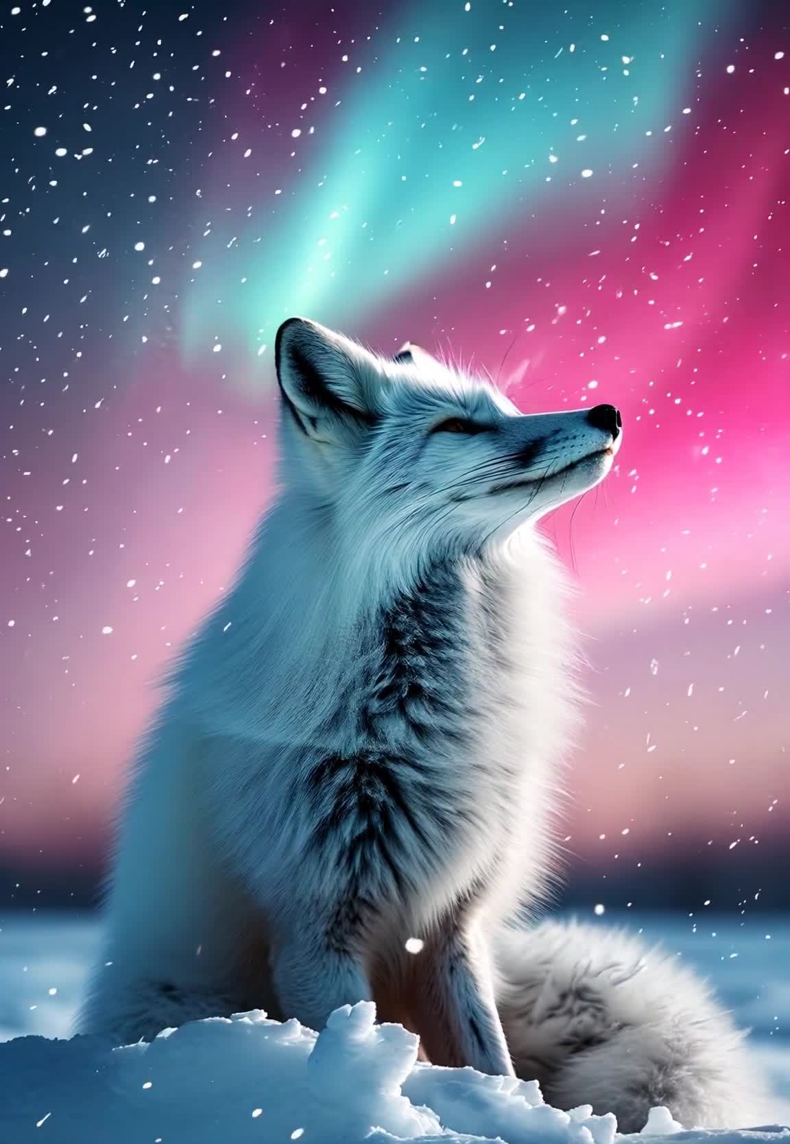 雪地极光下，凝视天空的白色狐狸。