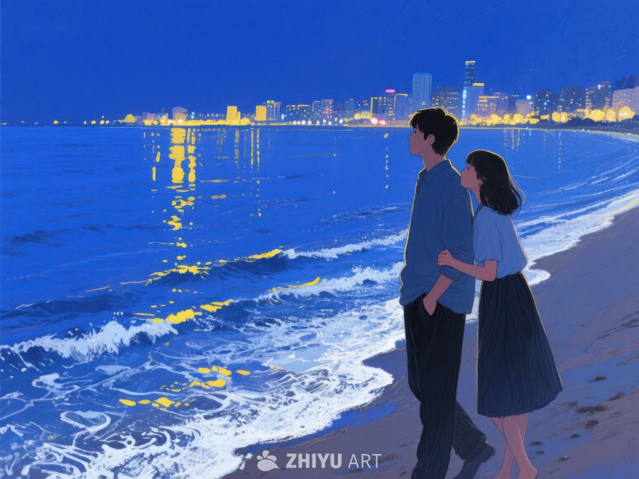 夜幕下的海边情侣 993