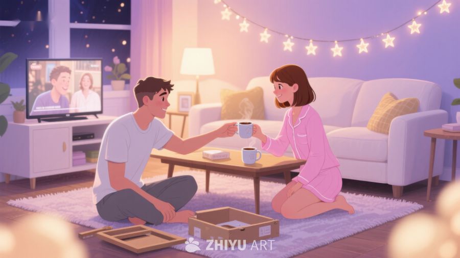温馨夜晚，情侣共饮咖啡 517