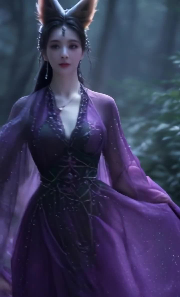 林中着星光长袍的女子，神秘幽静氛围