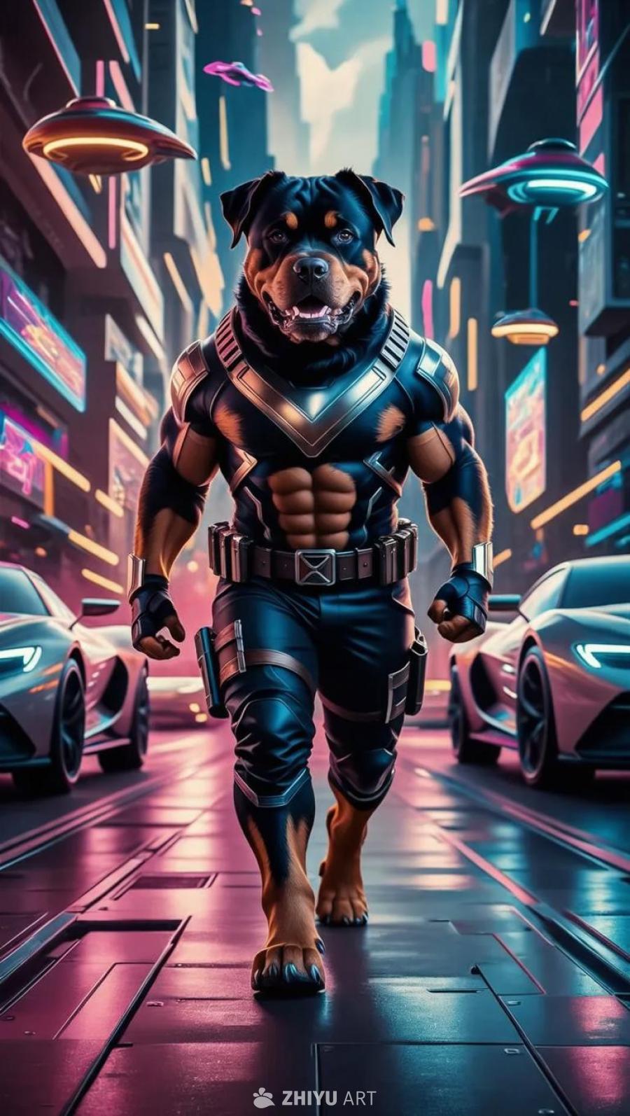 一只肌肉发达的拟人化罗威纳犬，名叫布奇，拥有宽阔的
