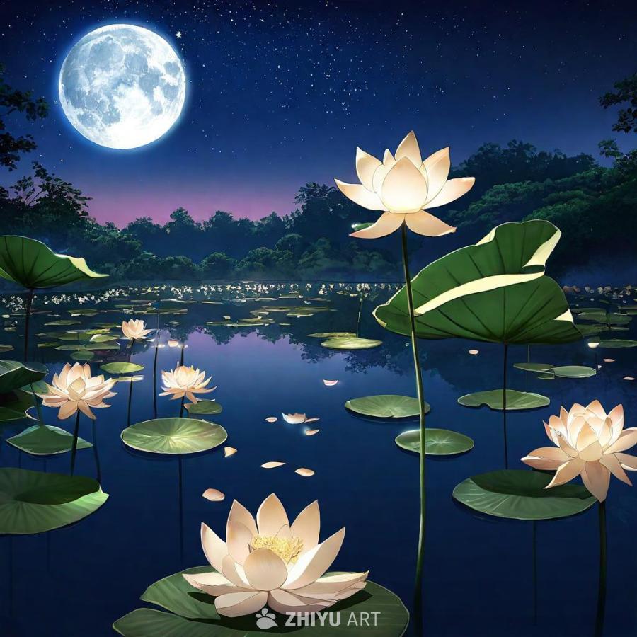 平静的池塘中，一朵盛开的莲花漂浮其上。黑白线条勾勒