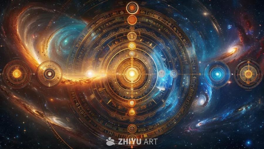 一个复杂的圆形图案位于星空中，圆形图案由多个同心圆
