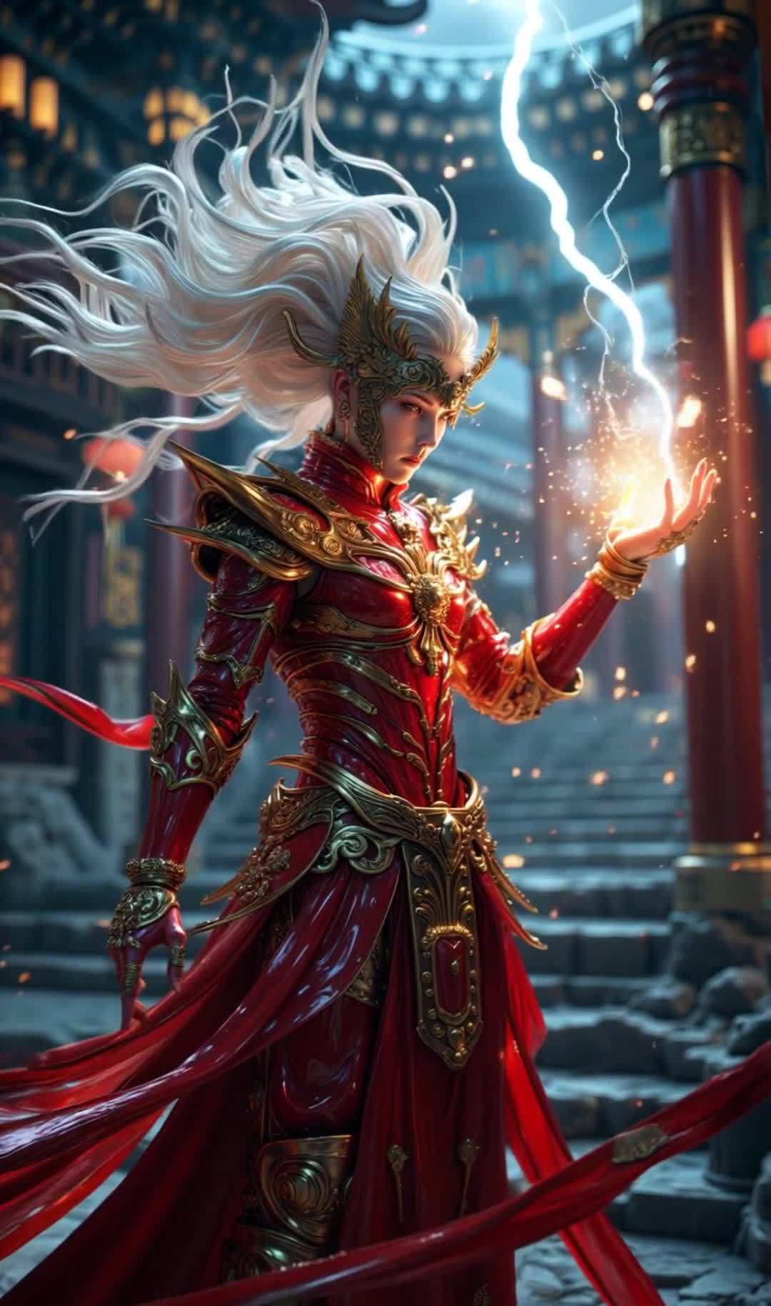 红色铠甲女战士掌控雷电，古典建筑背景
