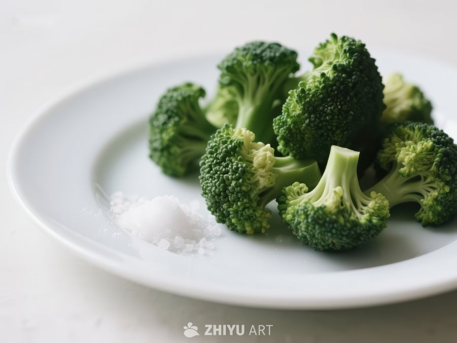 盘中新鲜西兰花与盐粒 222