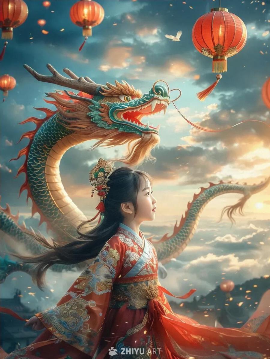 一个穿着中国古代服饰的女孩，她的头发上戴着头饰。一