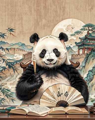 持扇端坐的熊猫