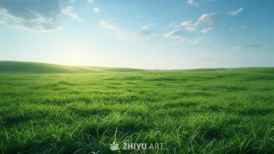 一片高清的草地，晴朗的天空点缀着几朵云彩。太阳在画