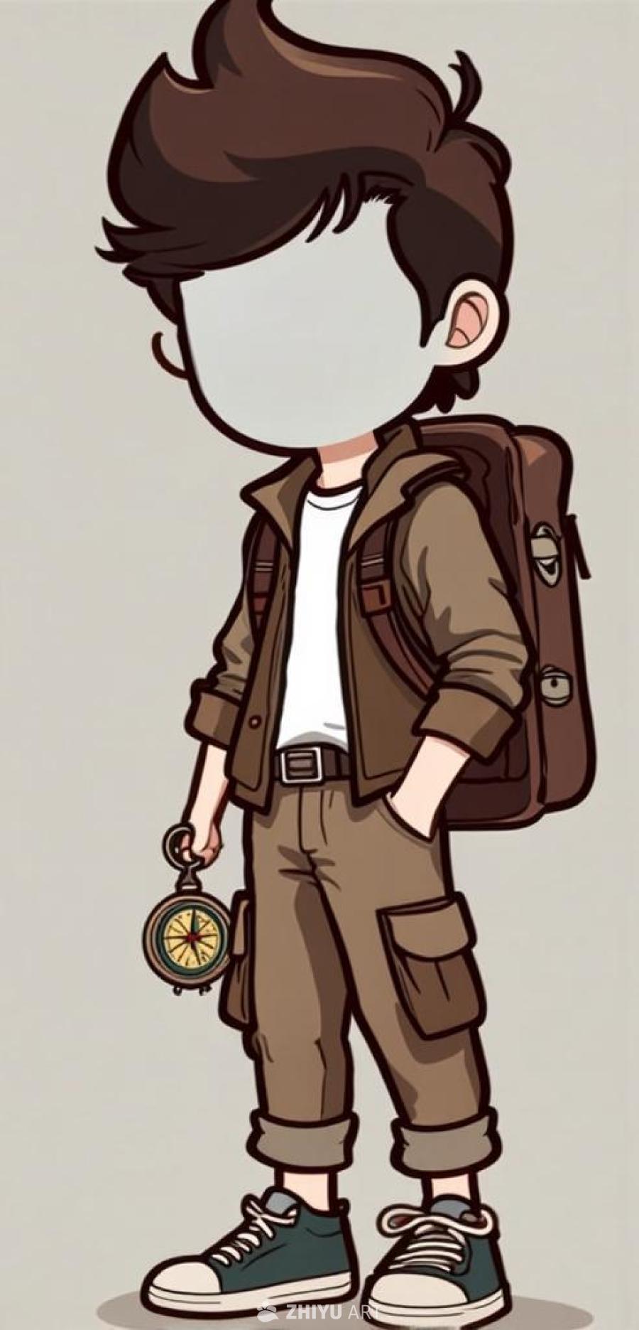 卡通风格的年轻男孩，面部是透明的，他穿着休闲的全袖