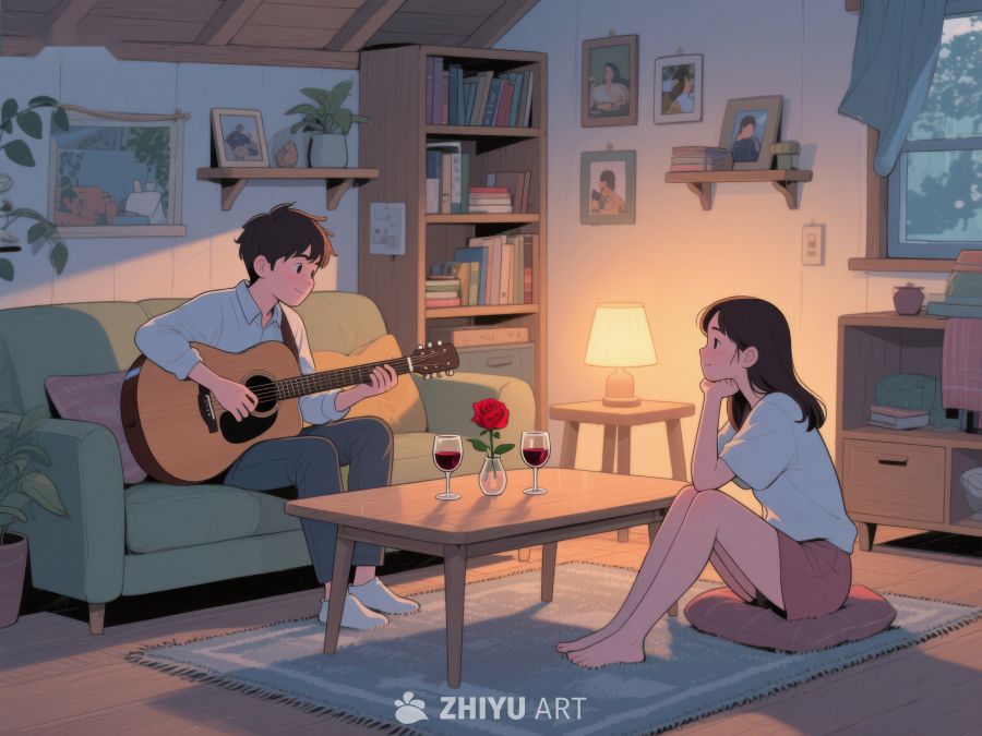 室内温馨场景：吉他弹奏与静听 666