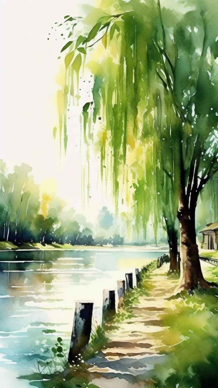 河边柳树插画风景图 4