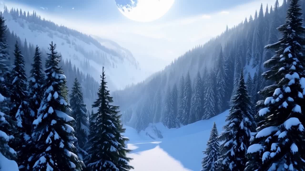 夜晚，雪花轻轻飘落在宁静的山谷中，山坡上排列着可见