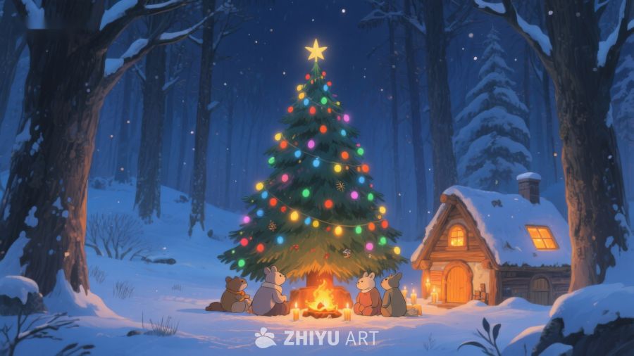 雪夜森林中的圣诞树与小屋 374