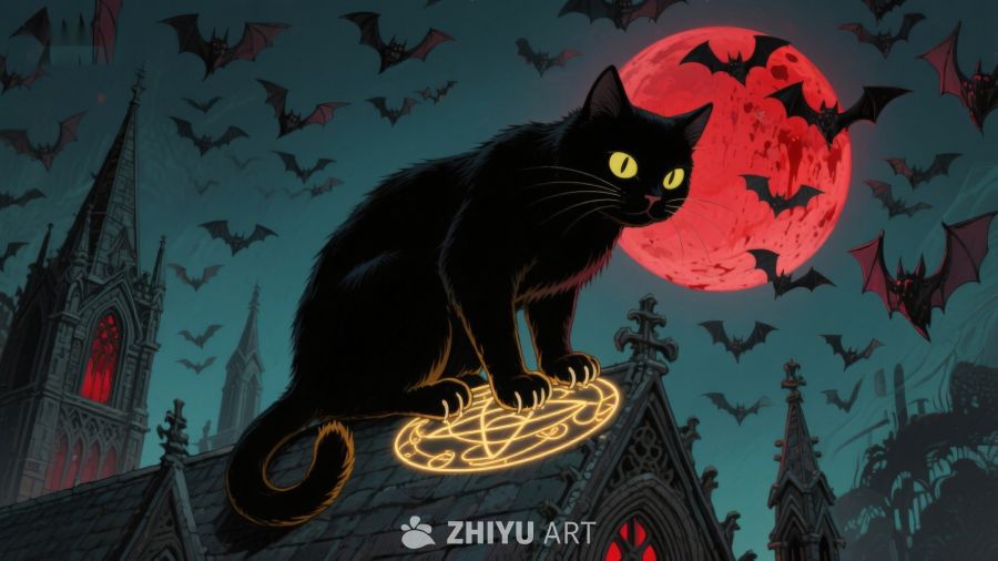 黑猫月夜教堂顶