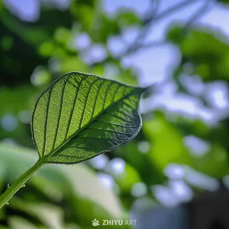 一片绿叶植物的特写，前景中突出显示着一片绿叶。叶子