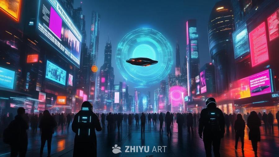 未来主义的城市景观背景，霓虹灯闪烁，全息屏幕上显示
