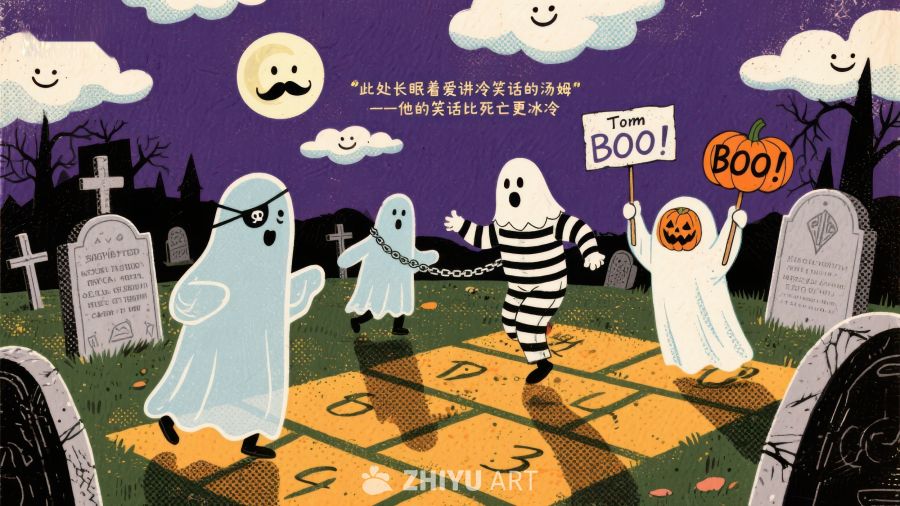 万圣节幽灵在墓地玩跳房子