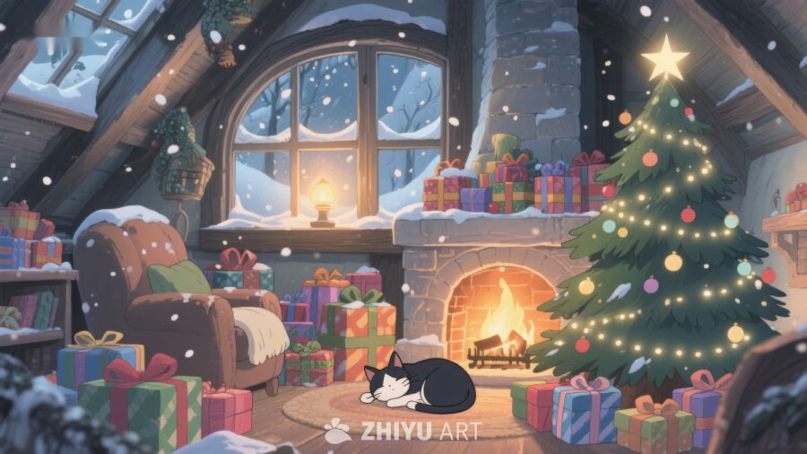 温馨圣诞夜，炉火旁的礼物与猫咪 289