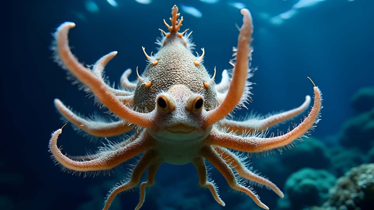 一个浅棕色的海洋生物面对镜头，它有类似眼睛的器官，