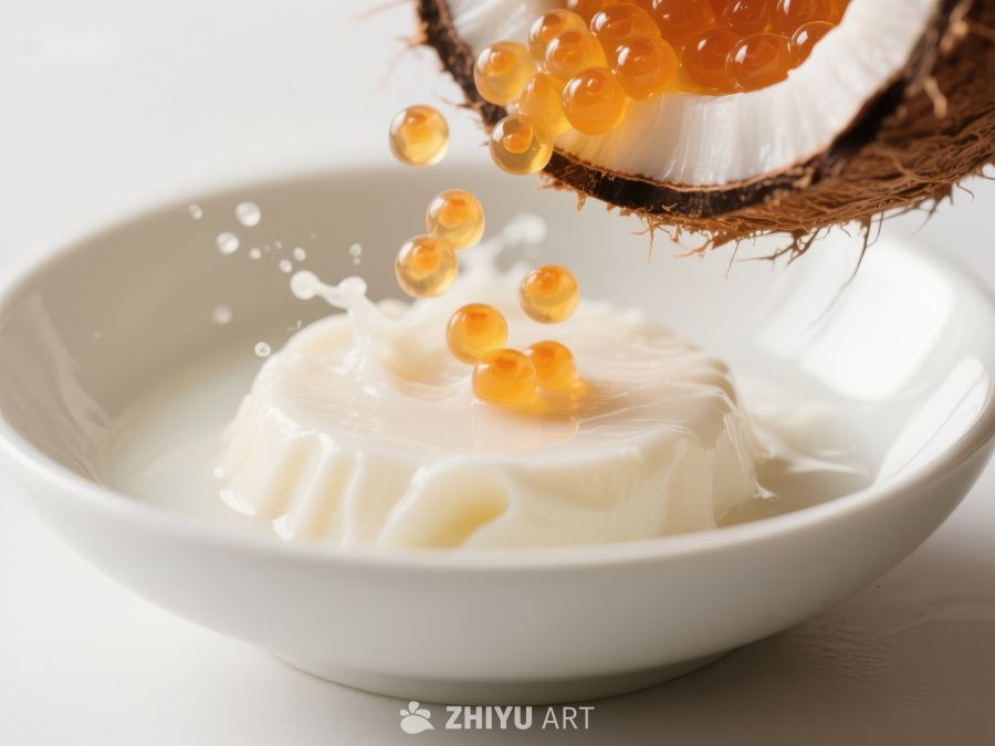 椰子果冻滴入酸奶的瞬间
