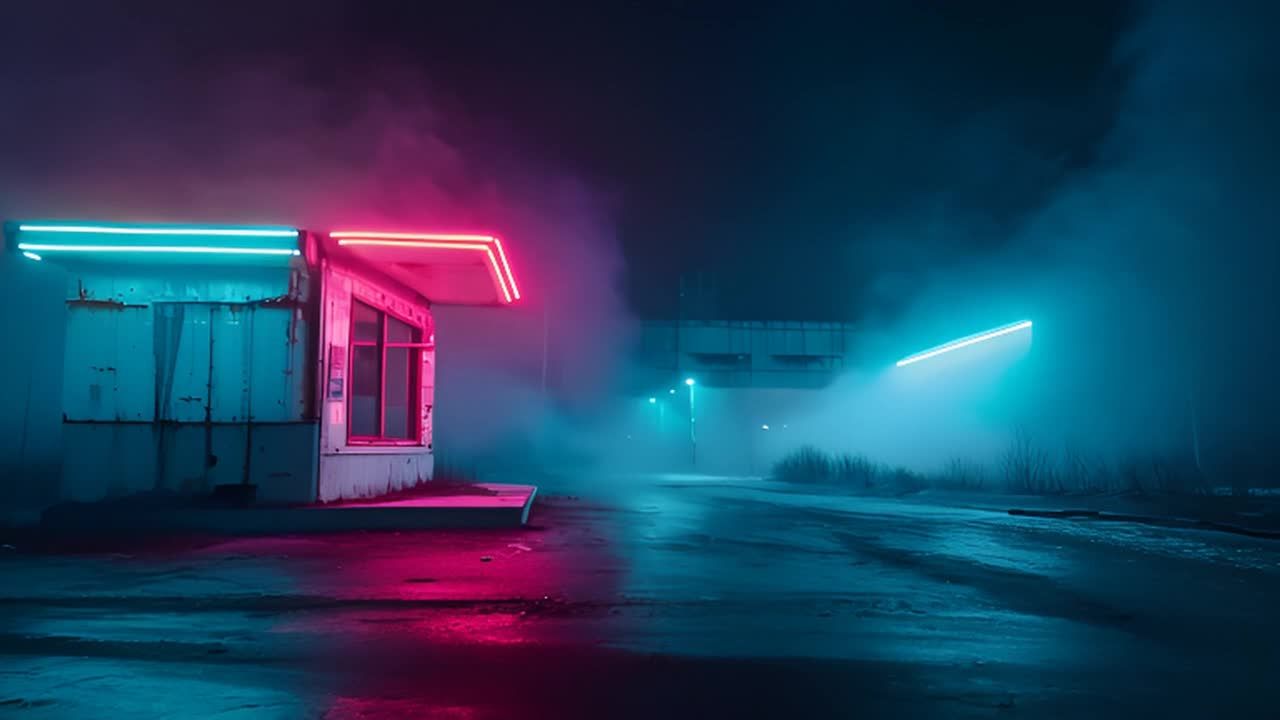 夜幕降临在一个寒冷冬日的荒凉工地。霓虹灯发出鲜艳的