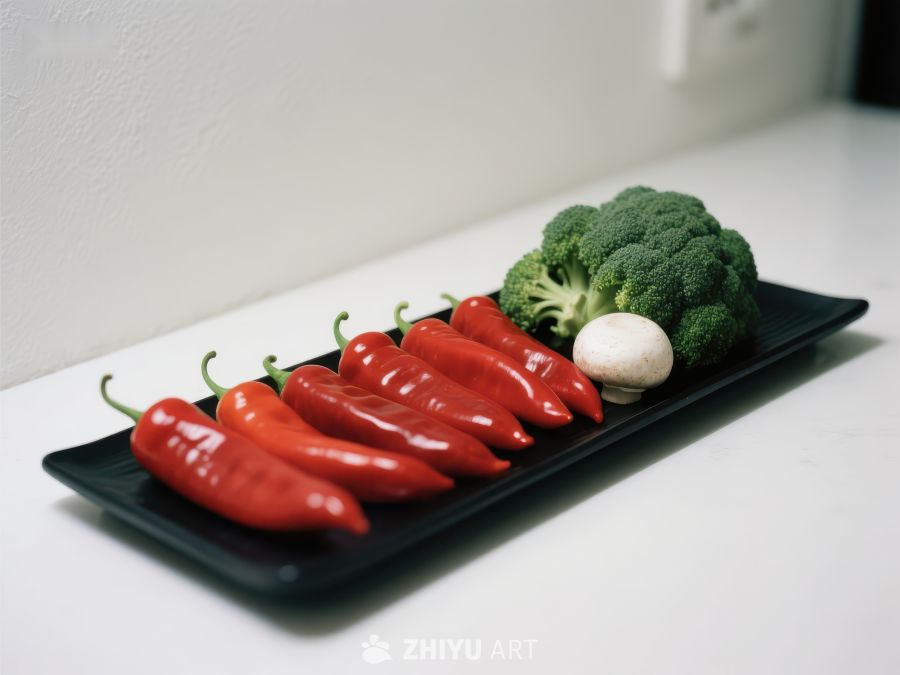 红椒、西兰花与蘑菇的静物组合 54