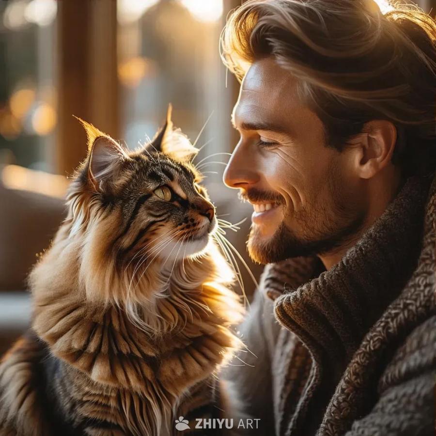 一个男人温柔地抚摸着一只华丽的猫，猫咪用爱慕的眼神