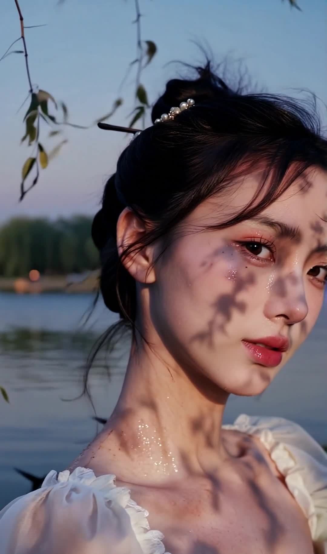 一位年轻女子在湖边，她的脸部被特写镜头捕捉。她的头