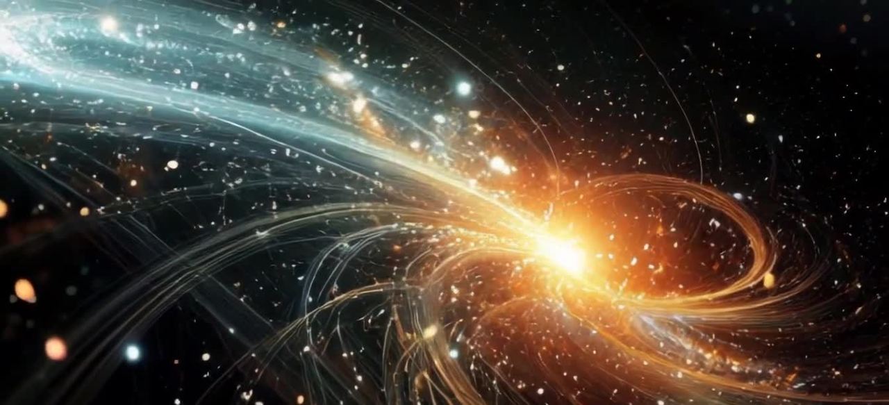 深邃的黑色背景中，呈现出抽象的宇宙星空画面。画面中
