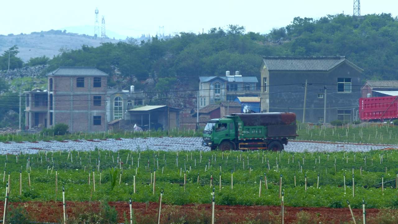 乡村公路上的绿色卡车