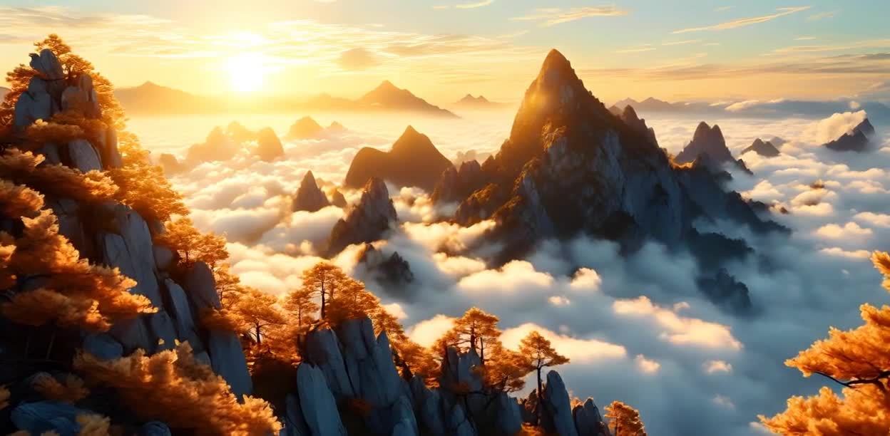 画面中呈现出连绵起伏的山峰，山峰间云雾缭绕。太阳光