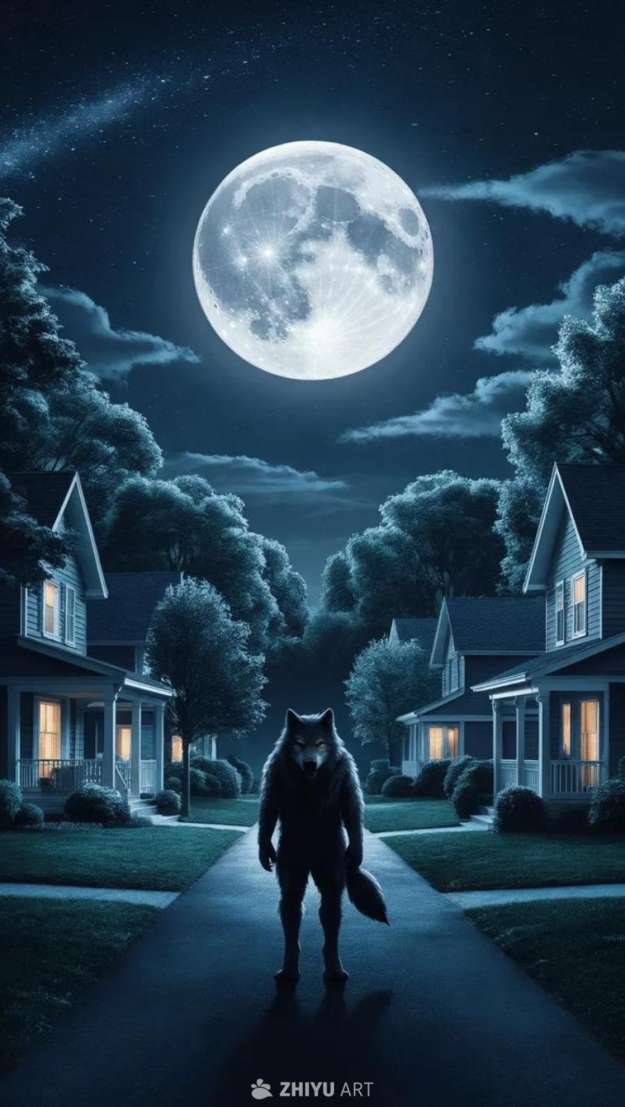 夜空中悬挂着一轮满月，照亮一片安静的郊区住宅区。远