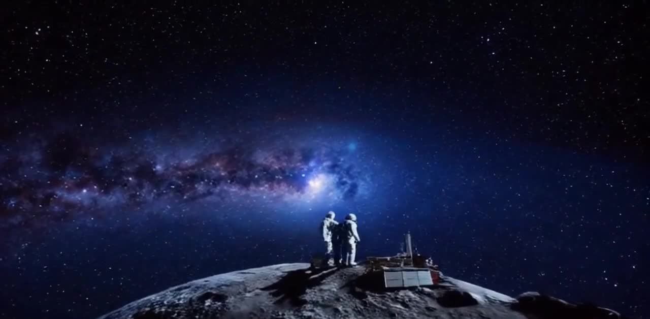 两个宇航员站在月球表面，面对镜头。背景是深邃的宇宙