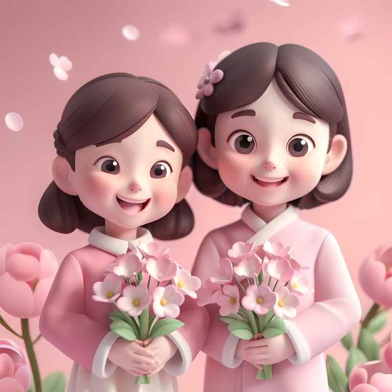 双手捧着鲜花母女粉色背景图 12