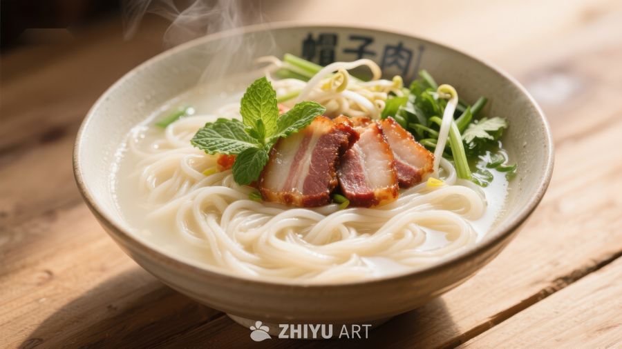 热腾腾的面条配卤肉和香菜