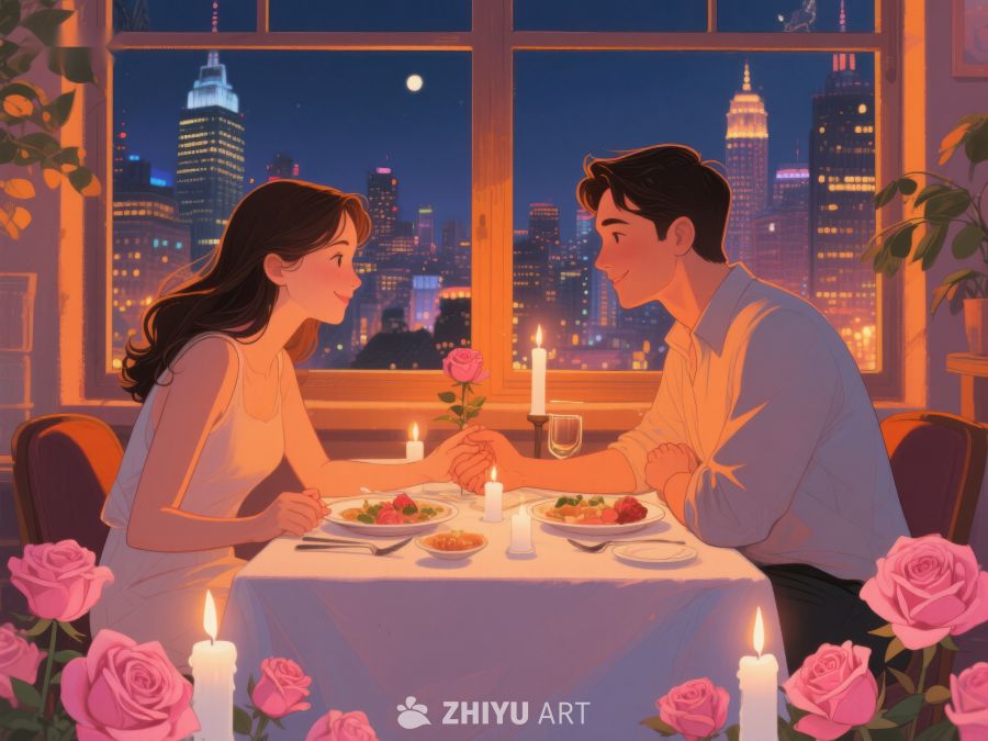 情侣在城市夜景中享用浪漫晚餐 546