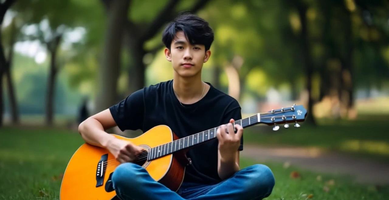 一个年轻男子坐在草地上，双腿交叉，怀里抱着一把木吉