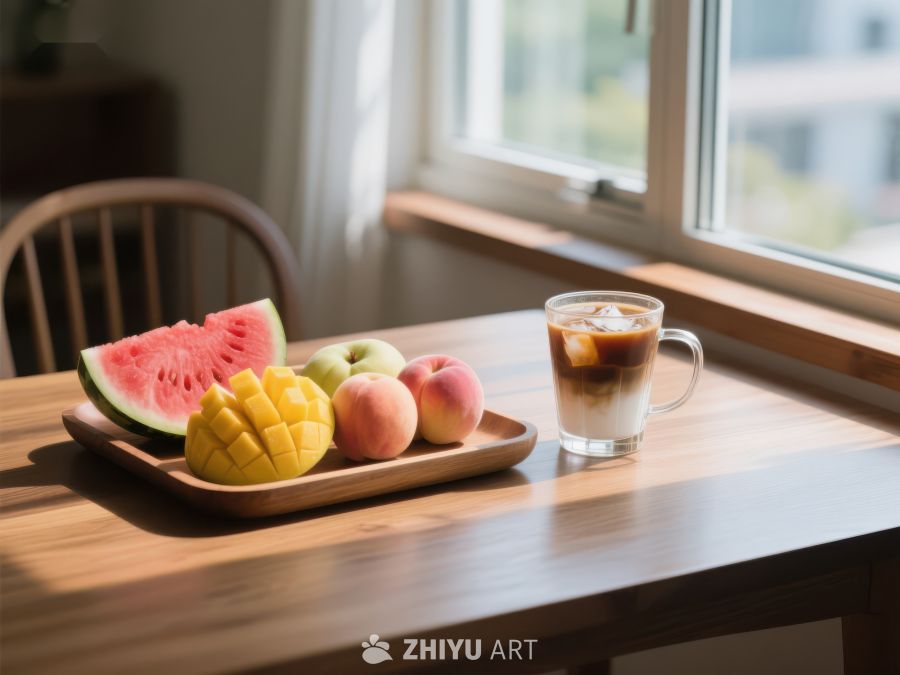 窗边木桌上的水果与咖啡 231