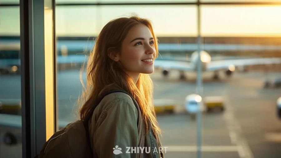年轻女子站在机场的窗户旁，脸上沐浴着晨曦。窗外停着