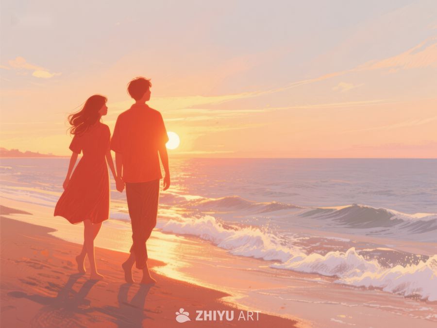 情侣海边漫步夕阳 523