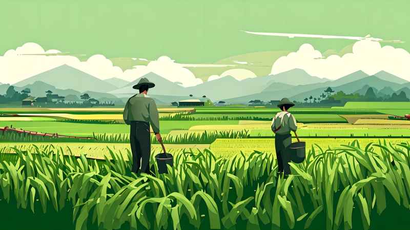 稻田和农作物中的农民绿色范例风格插画 18