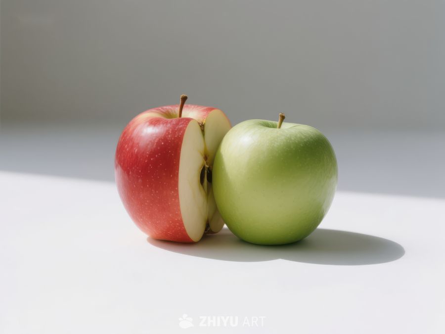红绿苹果并置，一半切开展示 226