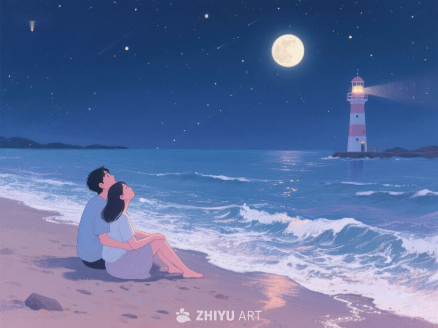 月下海滩，情侣共赏灯塔夜景 1205
