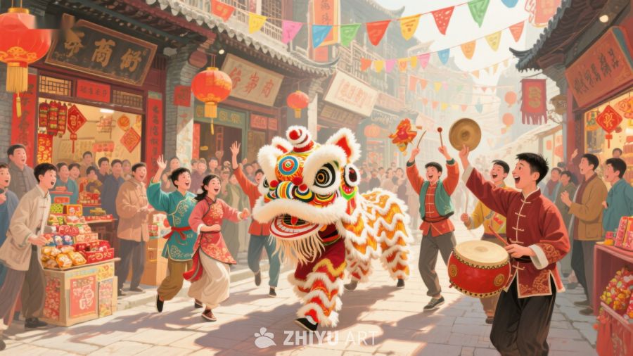 街头舞狮庆祝，热闹非凡 600