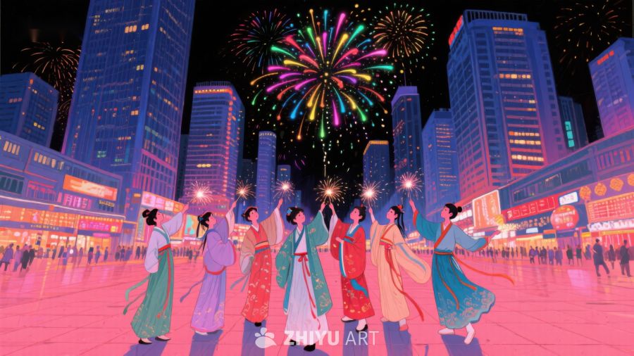 城市夜景中传统服饰舞者庆祝节日 9