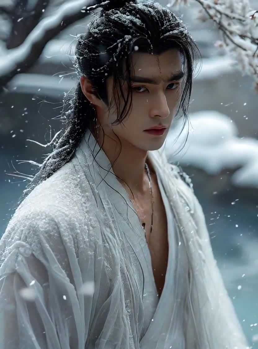 雪中白衣男子，眼神深邃，平静伫立于雪景之中。