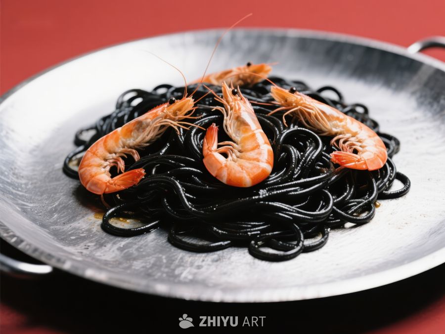 黑墨鱼意面配鲜虾