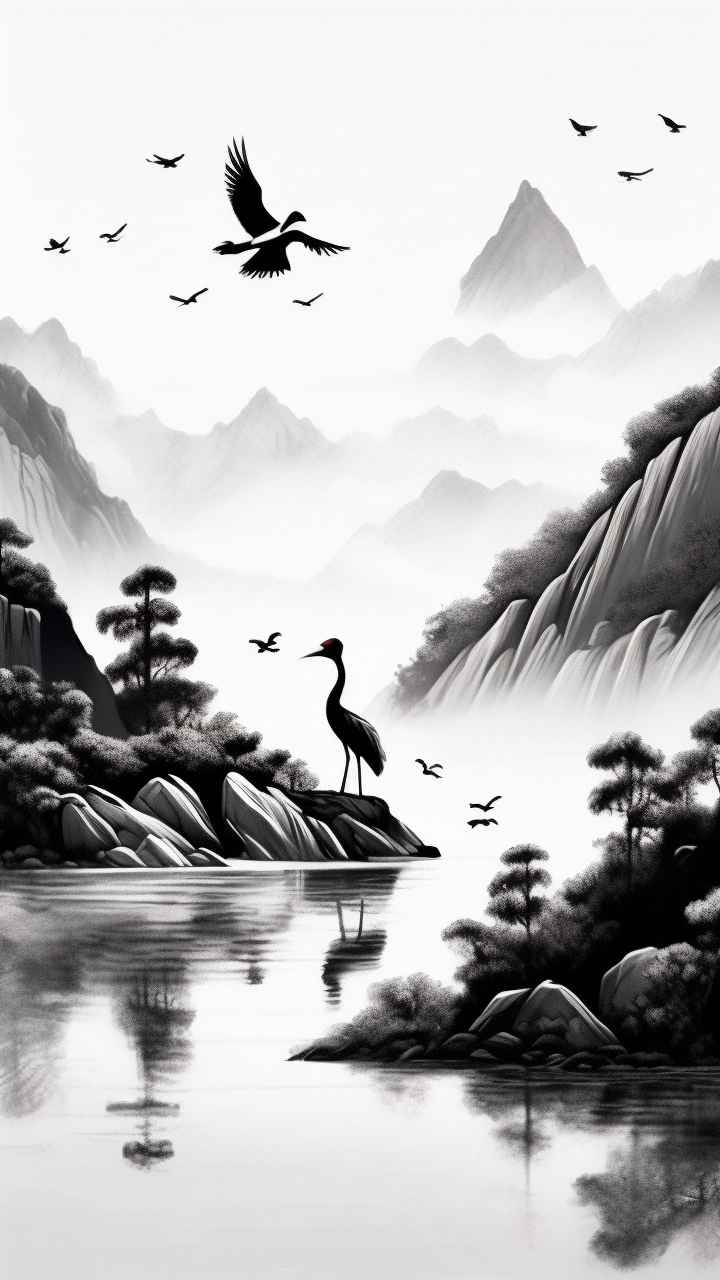 国风山水鹤插画背景 69