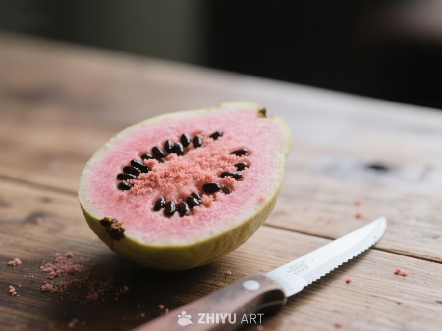 切开的番石榴与刀具 402