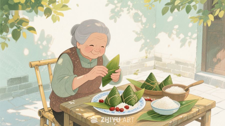 老人在庭院中包粽子 228